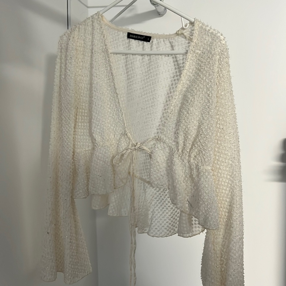 WORN ONCE — long-sleeve, front-tie white blouse